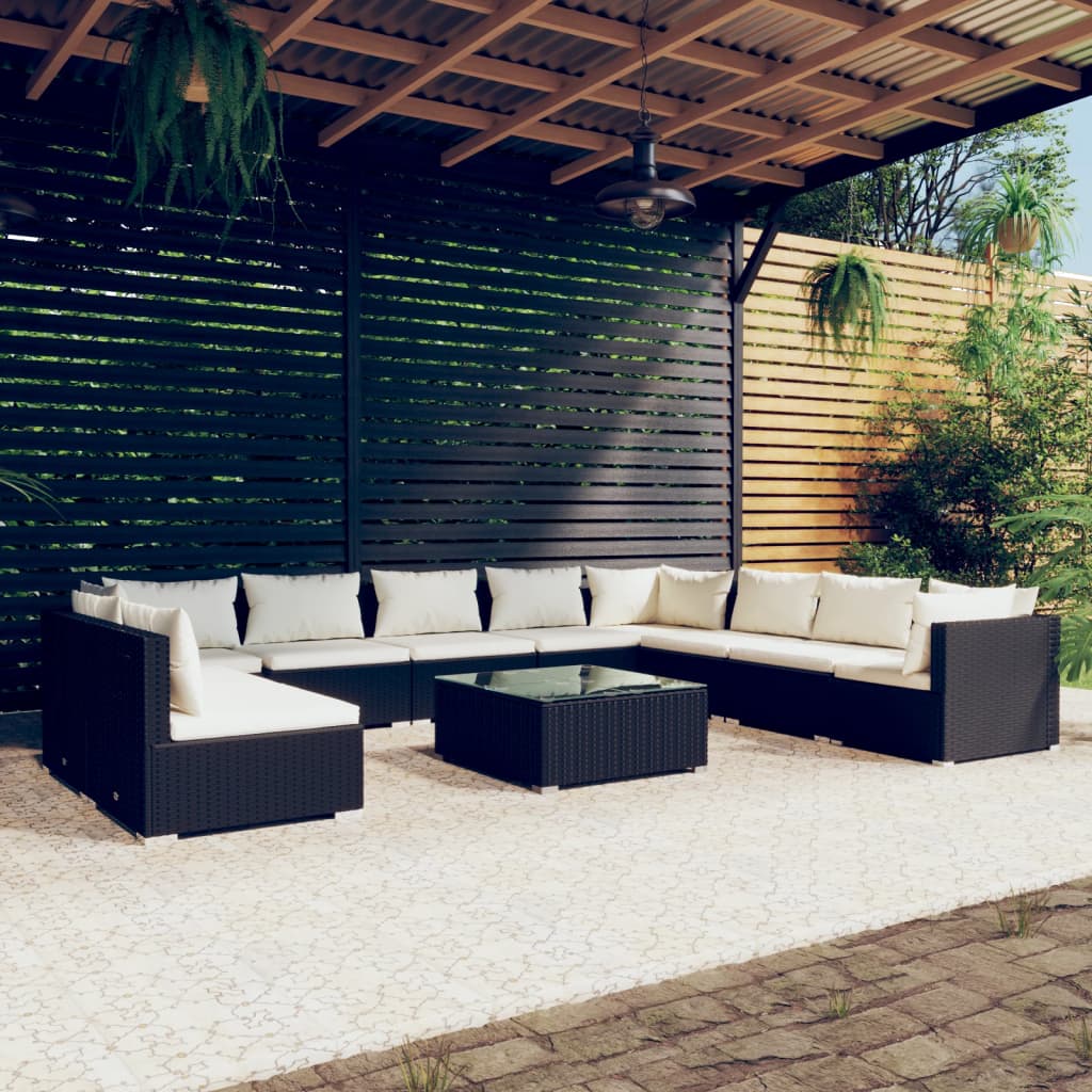 Set Mobili da Giardino 11 pz con Cuscini in Polyrattan Nero