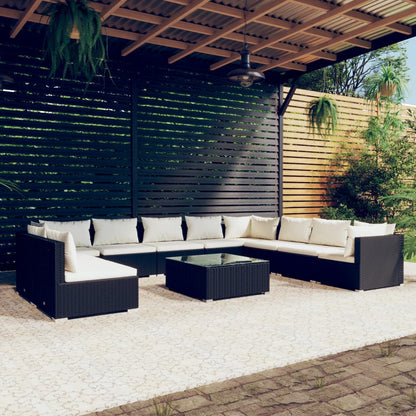 Set Mobili da Giardino 11 pz con Cuscini in Polyrattan Nero