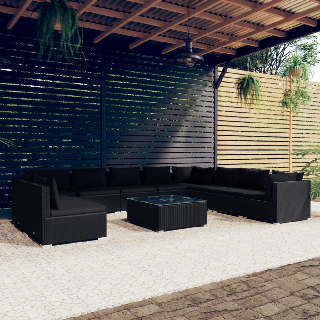 Set Mobili da Giardino 11 pz con Cuscini in Polyrattan Nero