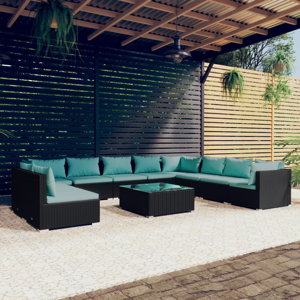 Set Mobili da Giardino 11 pz con Cuscini in Polyrattan Nero