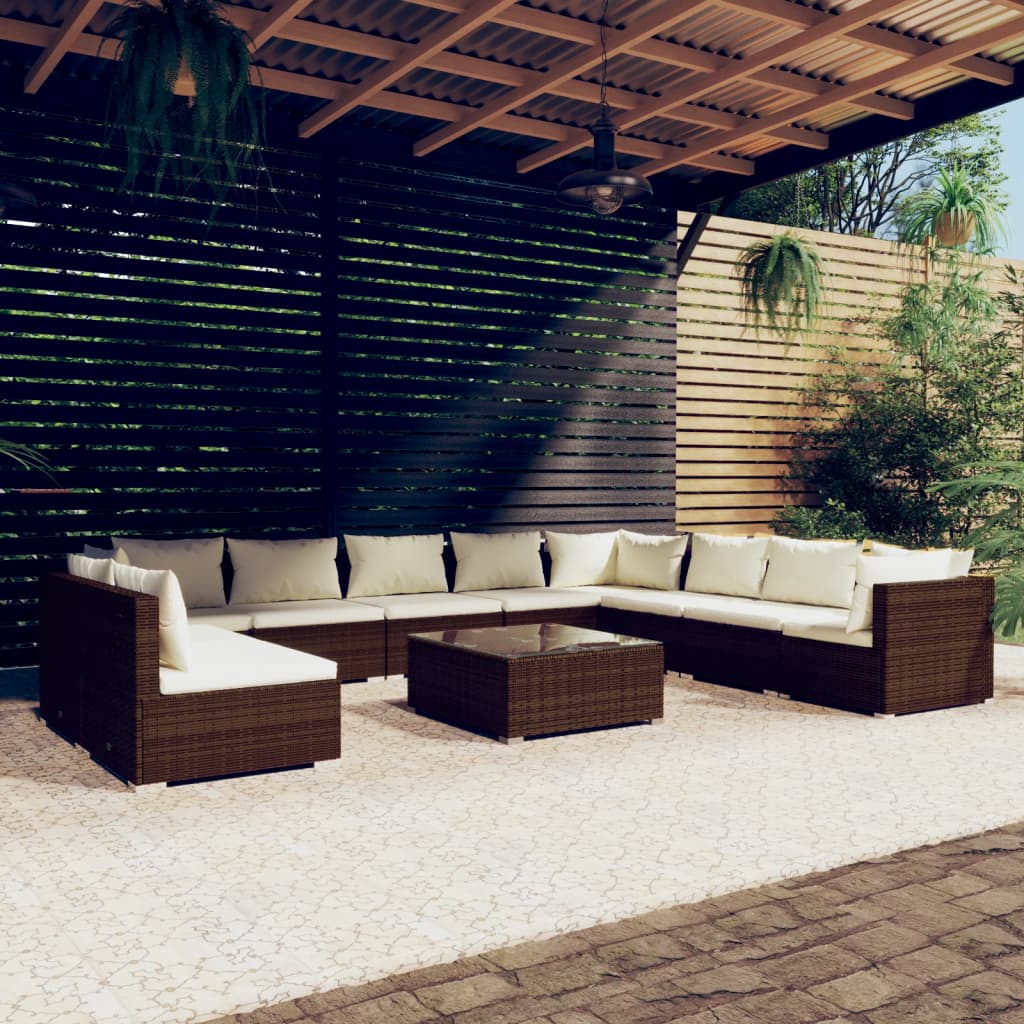 Set Divani da Giardino 11 pz con Cuscini in Polyrattan Marrone