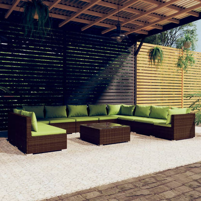 Set Divani da Giardino 11 pz con Cuscini in Polyrattan Marrone