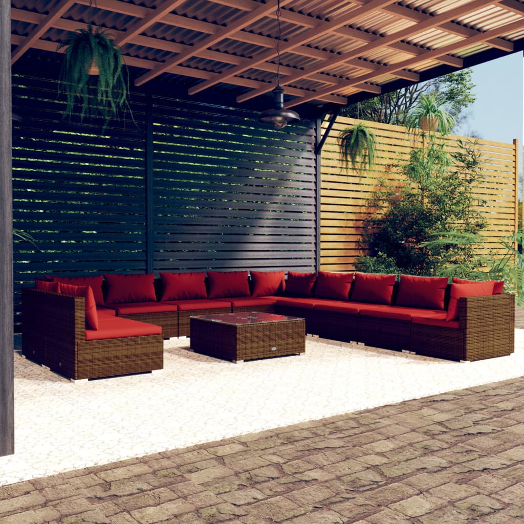 Set Divani da Giardino 12 pz con Cuscini Marrone in Polyrattan