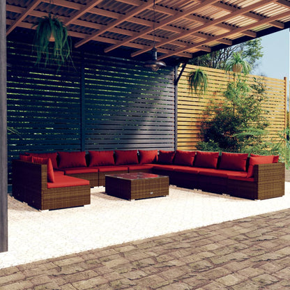 Set Divani da Giardino 12 pz con Cuscini Marrone in Polyrattan