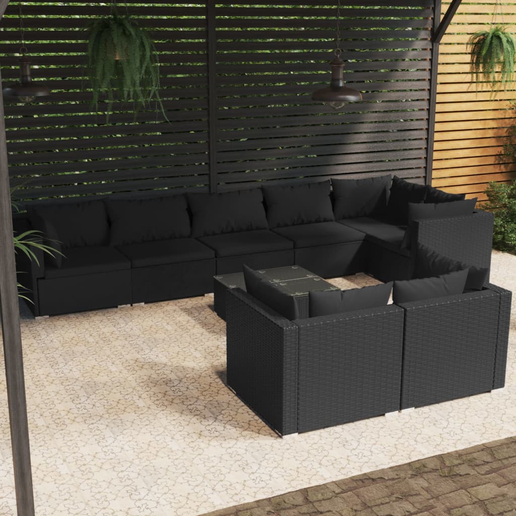 Set Salotto da Giardino con Cuscini 9pz Nero in Polyrattan