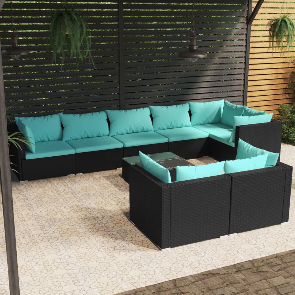 Set Salotto da Giardino con Cuscini 9pz Nero in Polyrattan