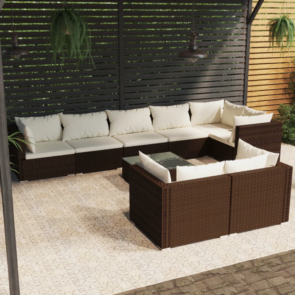 Set Divani da Giardino 9 pz con Cuscini in Polyrattan Marrone