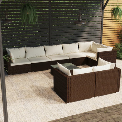 Set Divani da Giardino 9 pz con Cuscini in Polyrattan Marrone