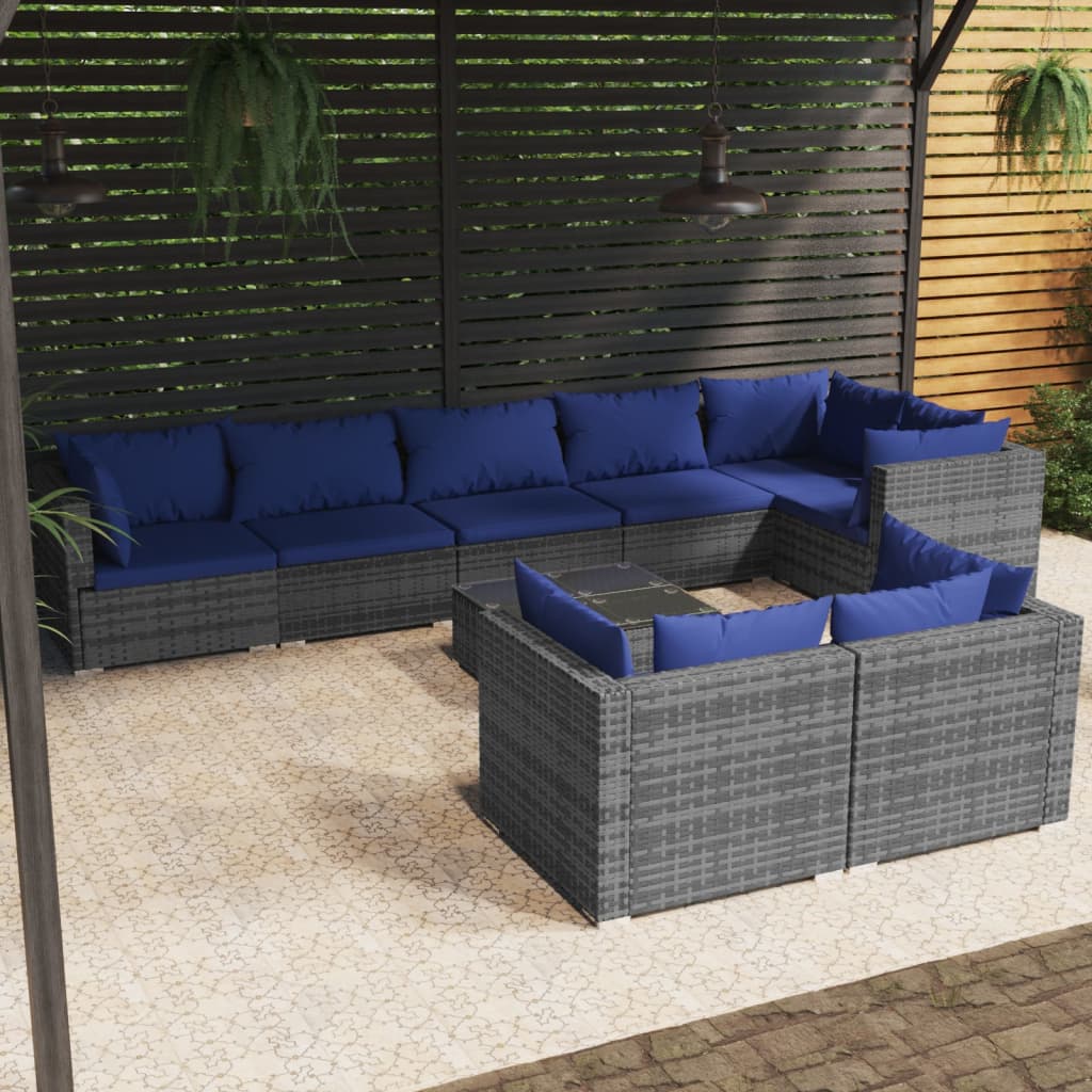 Set Divani da Giardino 9 pz con Cuscini in Polyrattan Grigio