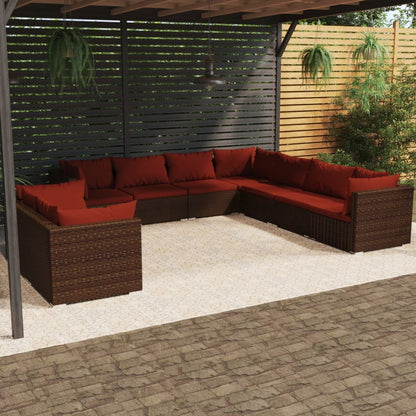 Set Divani da Giardino 9 pz con Cuscini in Polyrattan Marrone