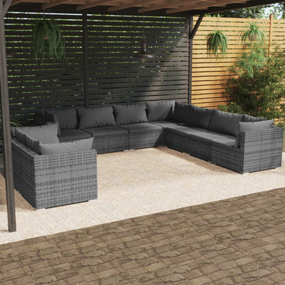 Set Divani da Giardino 9 pz con Cuscini in Polyrattan Grigio