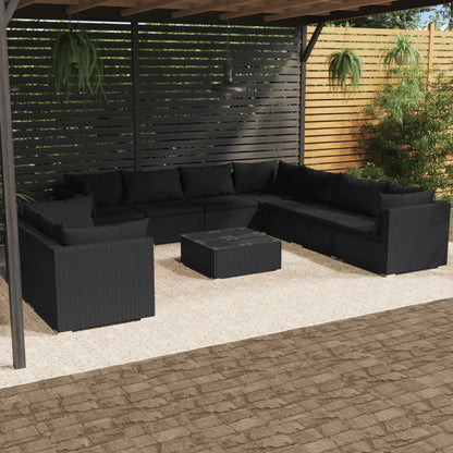 Set Salotto da Giardino 10pz con Cuscini in Polyrattan Nero
