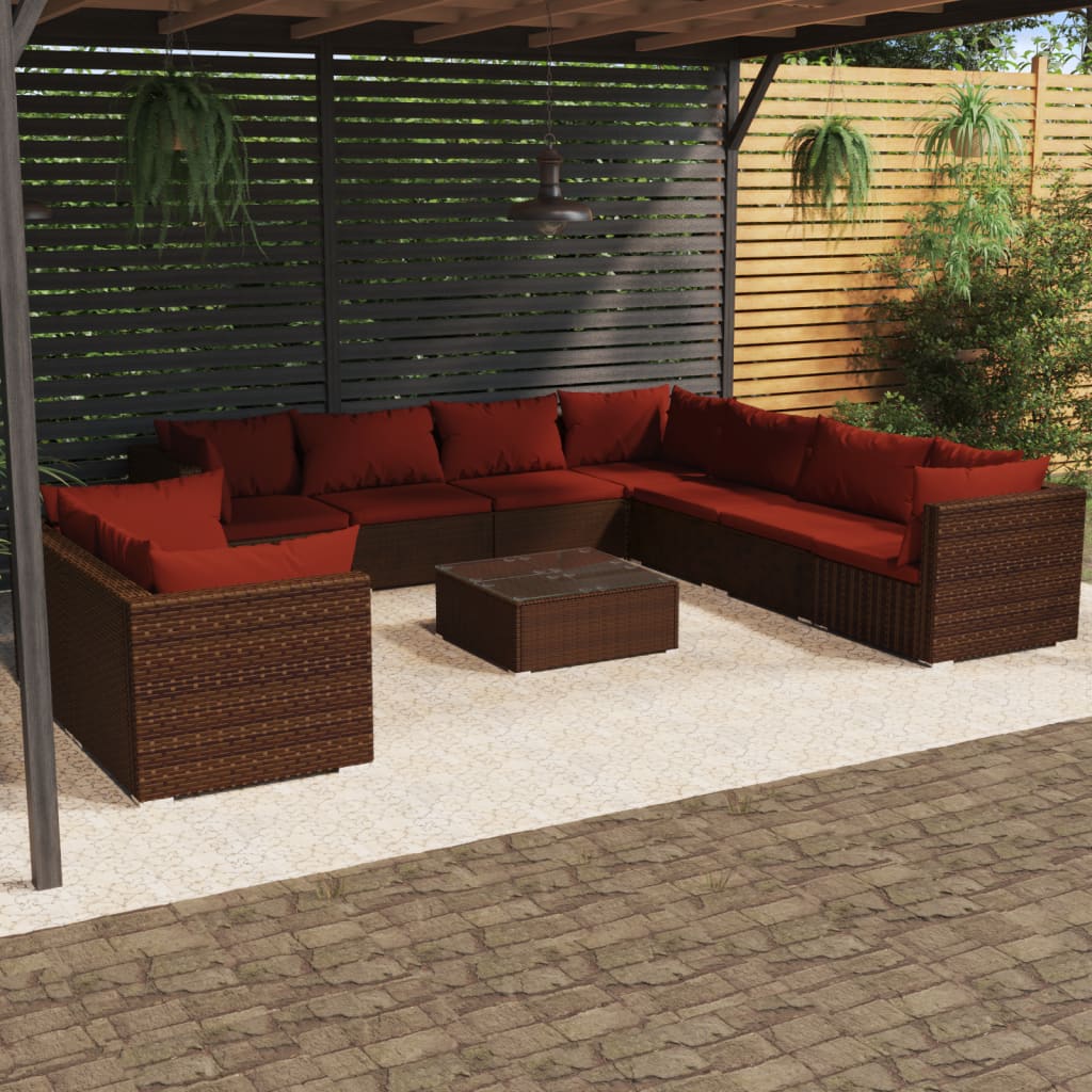 Set Divani da Giardino 10 pz con Cuscini in Polyrattan Marrone