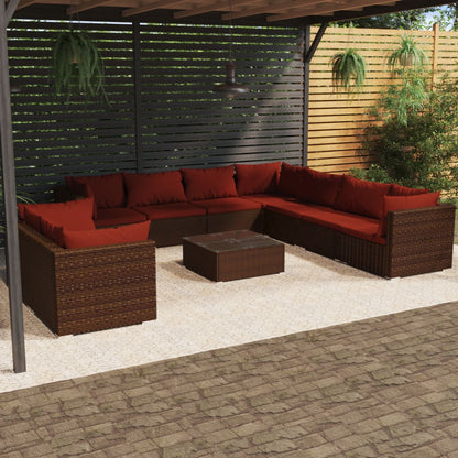 Set Divani da Giardino 10 pz con Cuscini in Polyrattan Marrone