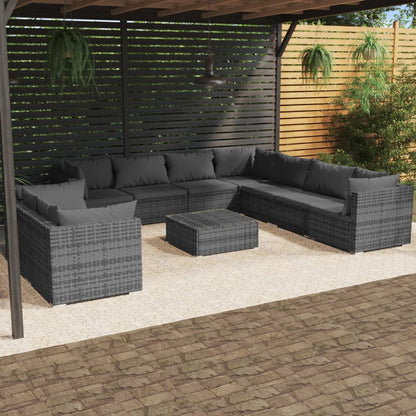 Set Divani da Giardino 10 pz con Cuscini in Polyrattan Grigio