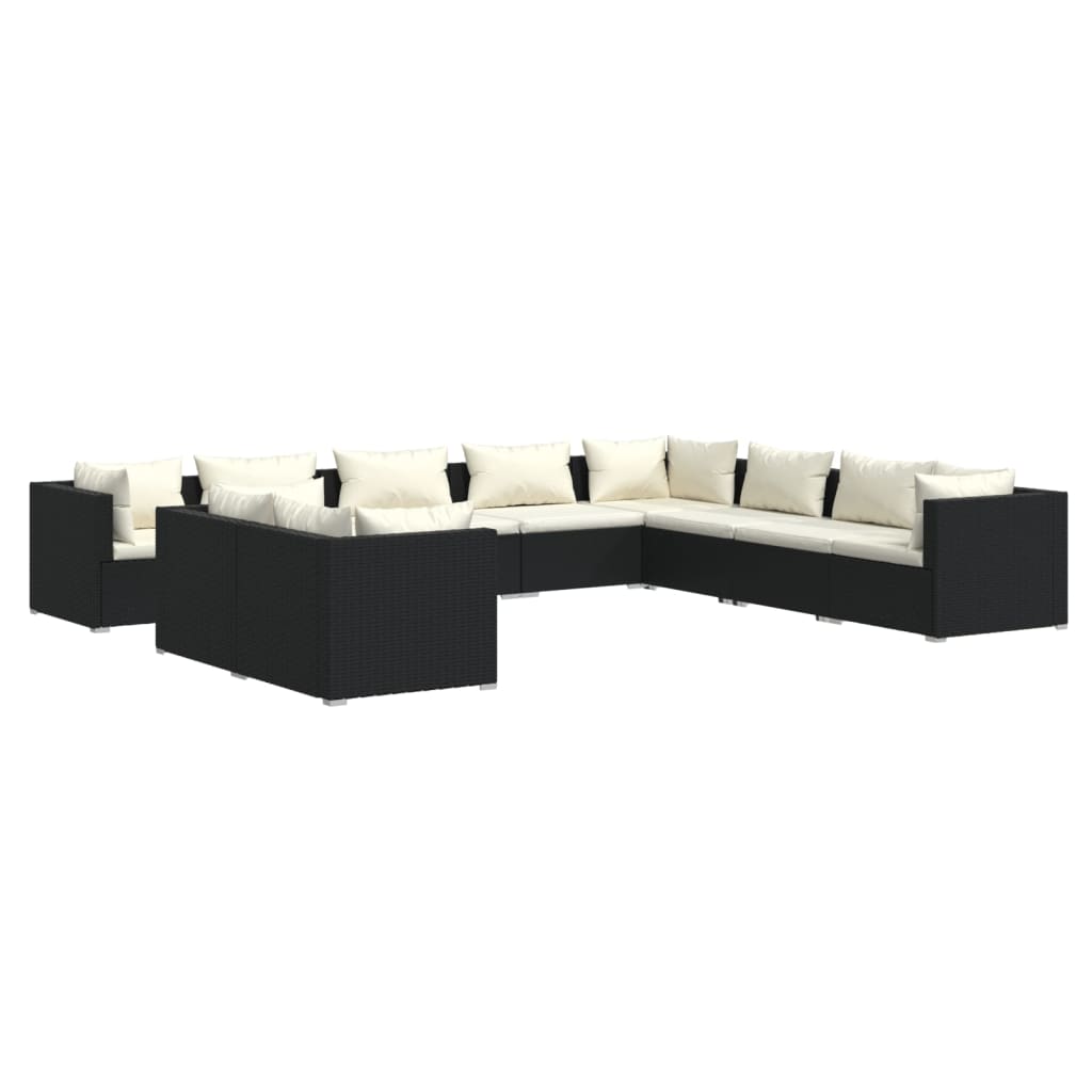 Set Salotto da Giardino 10pz con Cuscini in Polyrattan Nero