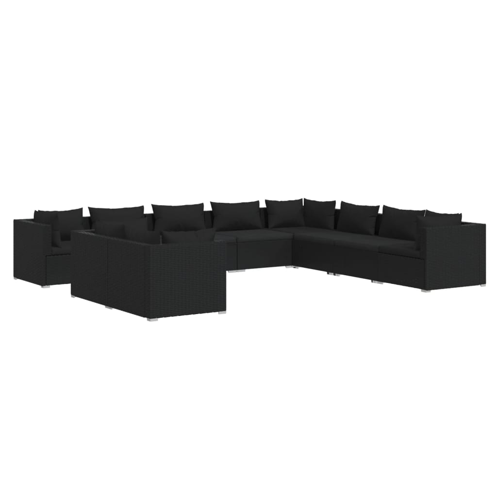 Set Salotto da Giardino 10pz con Cuscini in Polyrattan Nero