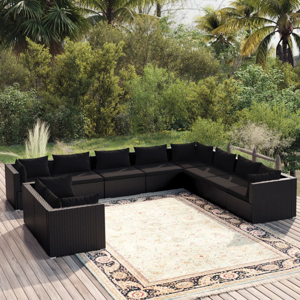 Set Salotto da Giardino 10pz con Cuscini in Polyrattan Nero