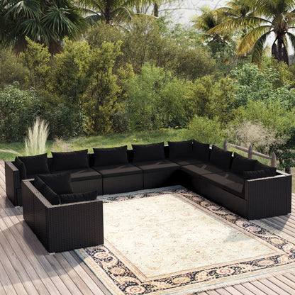 Set Salotto da Giardino 10pz con Cuscini in Polyrattan Nero