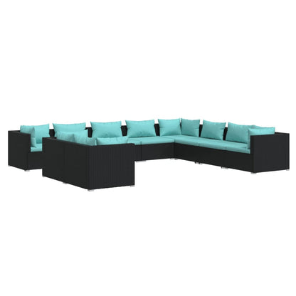 Set Salotto da Giardino 10pz con Cuscini in Polyrattan Nero