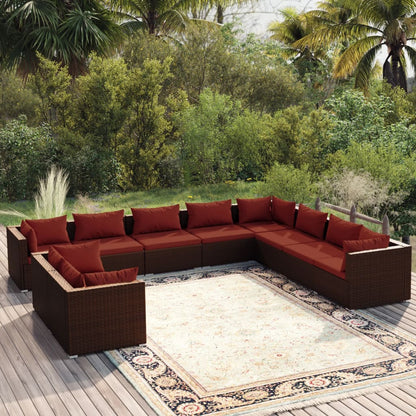 Set Divani da Giardino 10 pz con Cuscini in Polyrattan Marrone