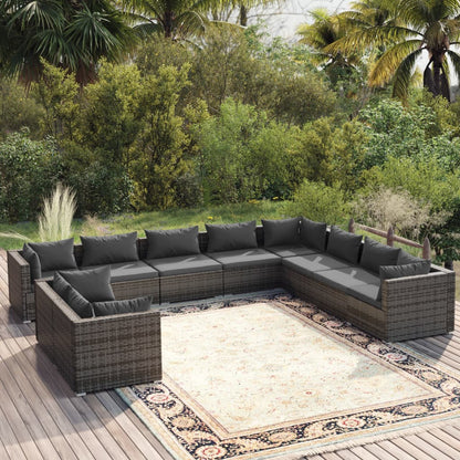 Set Divani da Giardino 10 pz con Cuscini in Polyrattan Grigio