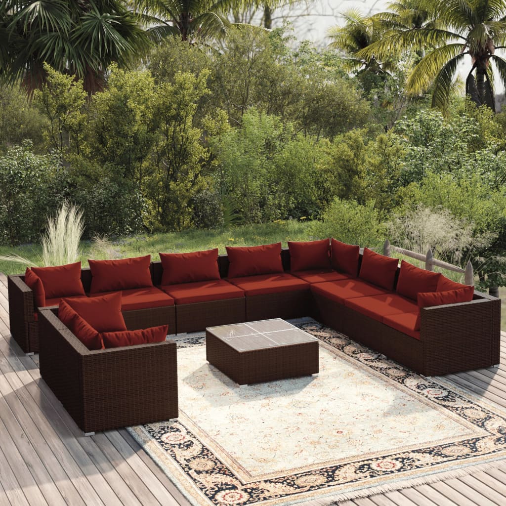 Set Divani da Giardino 11 pz con Cuscini in Polyrattan Marrone