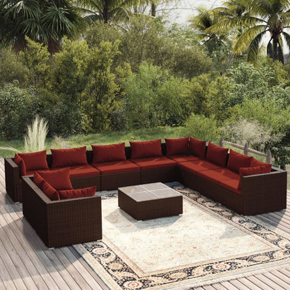 Set Divani da Giardino 11 pz con Cuscini in Polyrattan Marrone