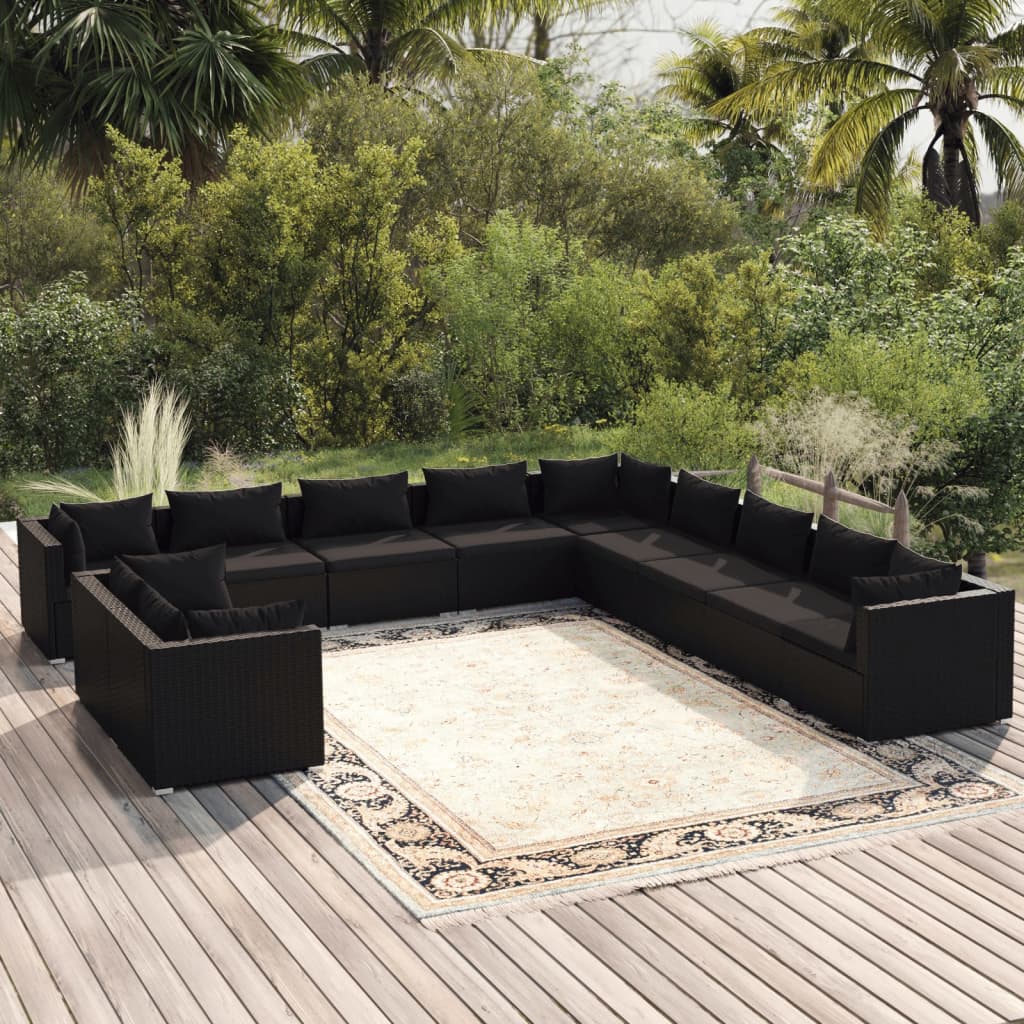 Set Mobili da Giardino 11 pz con Cuscini in Polyrattan Nero