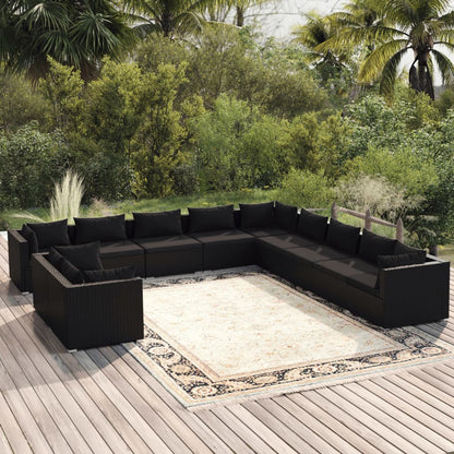 Set Mobili da Giardino 11 pz con Cuscini in Polyrattan Nero