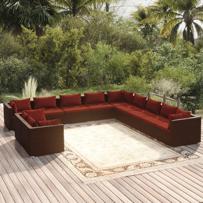 Set Divani da Giardino 11 pz con Cuscini in Polyrattan Marrone