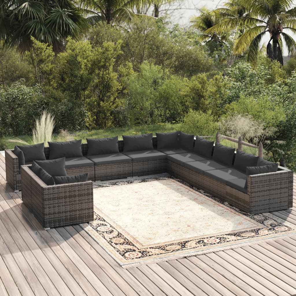 Set Divani da Giardino 11 pz con Cuscini in Polyrattan Grigio