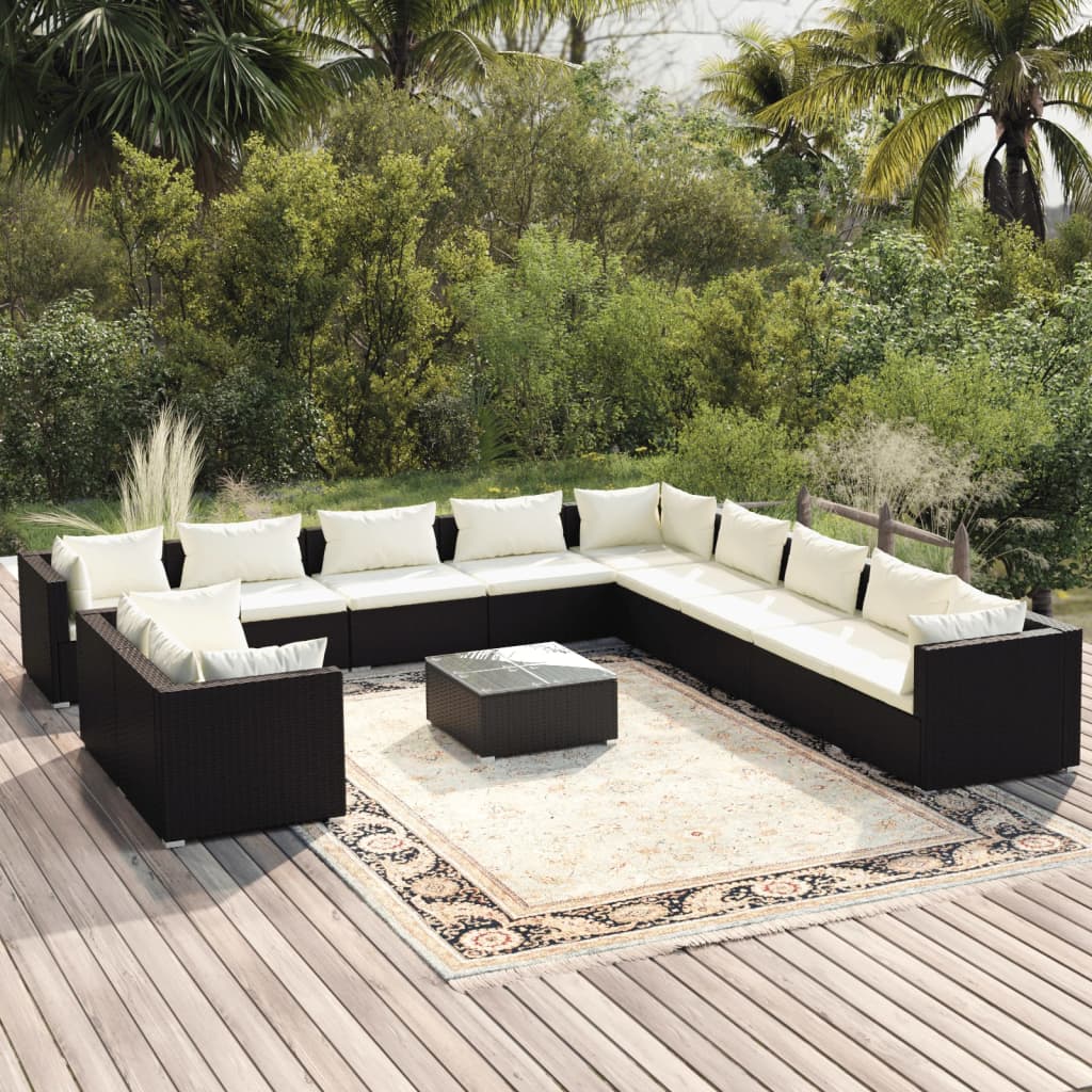 Set Divani da Giardino 12 pz con Cuscini in Polyrattan Nero