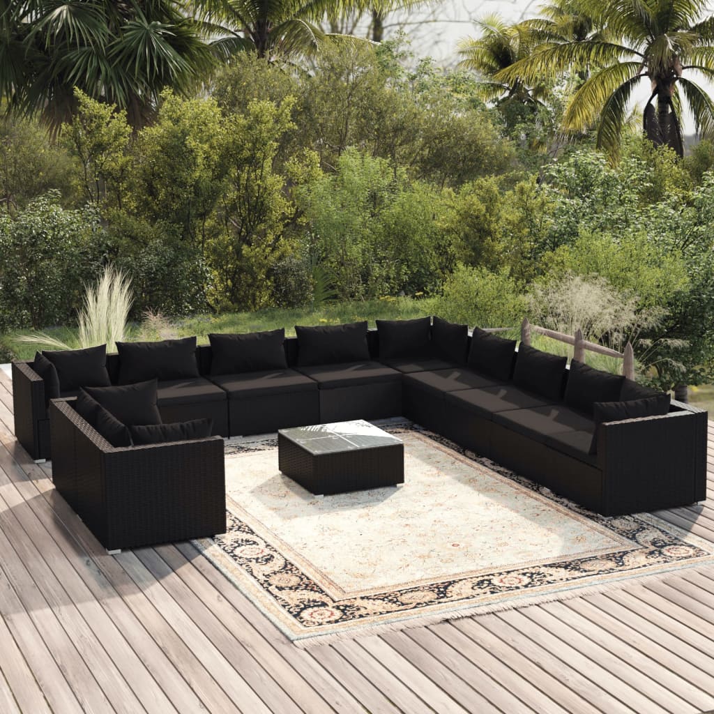 Set Divani da Giardino 12 pz con Cuscini in Polyrattan Nero