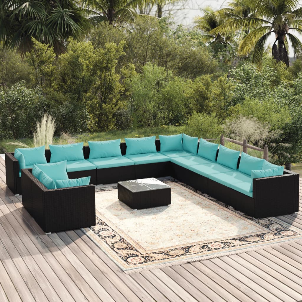 Set Divani da Giardino 12 pz con Cuscini in Polyrattan Nero