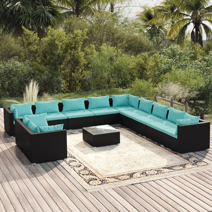 Set Divani da Giardino 12 pz con Cuscini in Polyrattan Nero