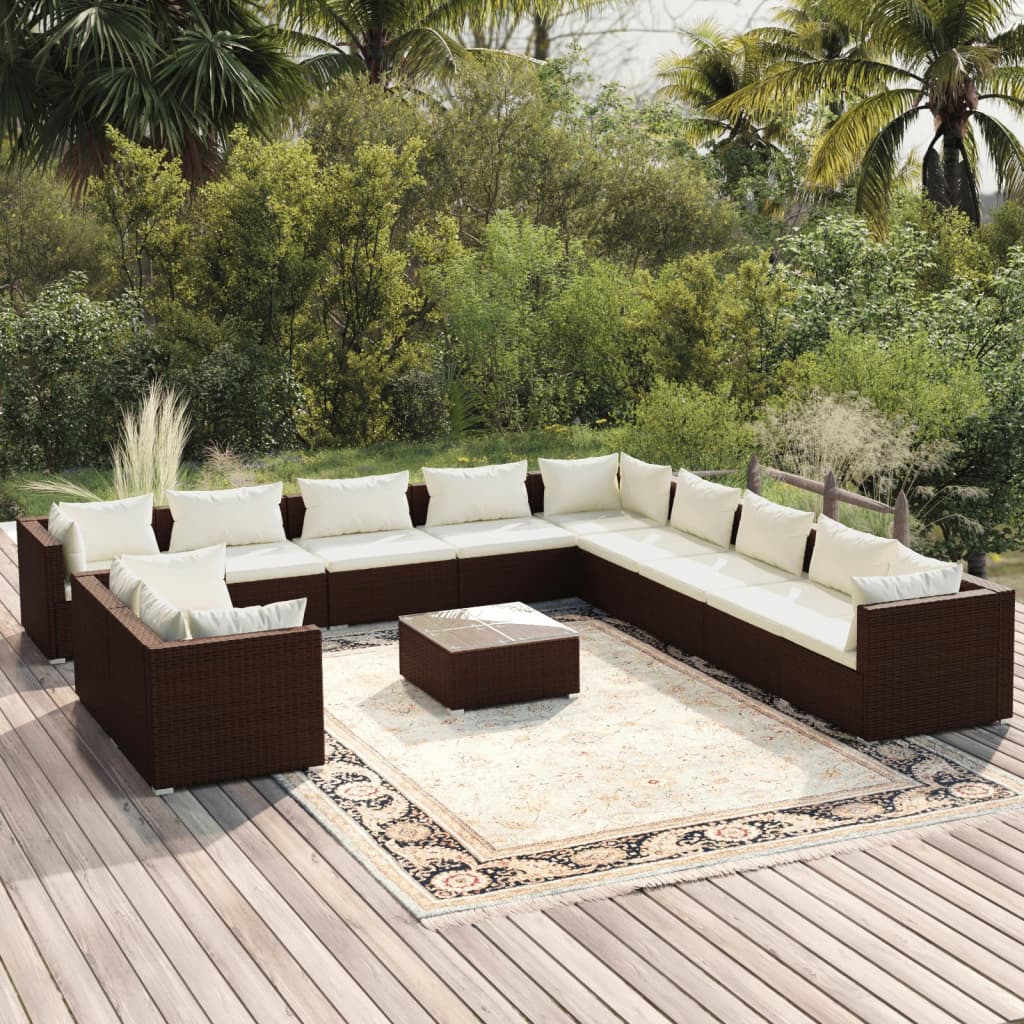 Set Divani da Giardino 12 pz con Cuscini Marrone in Polyrattan