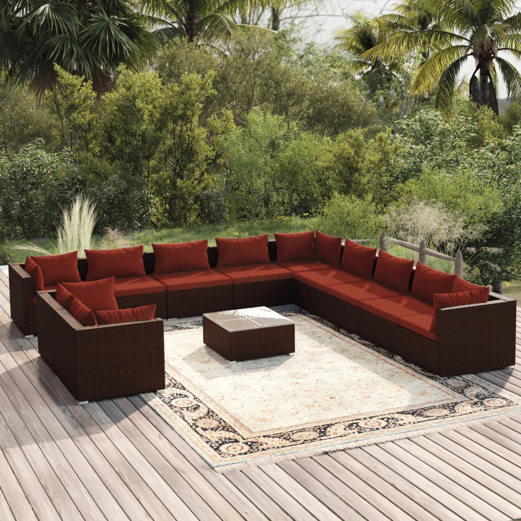 Set Divani da Giardino 12 pz con Cuscini Marrone in Polyrattan