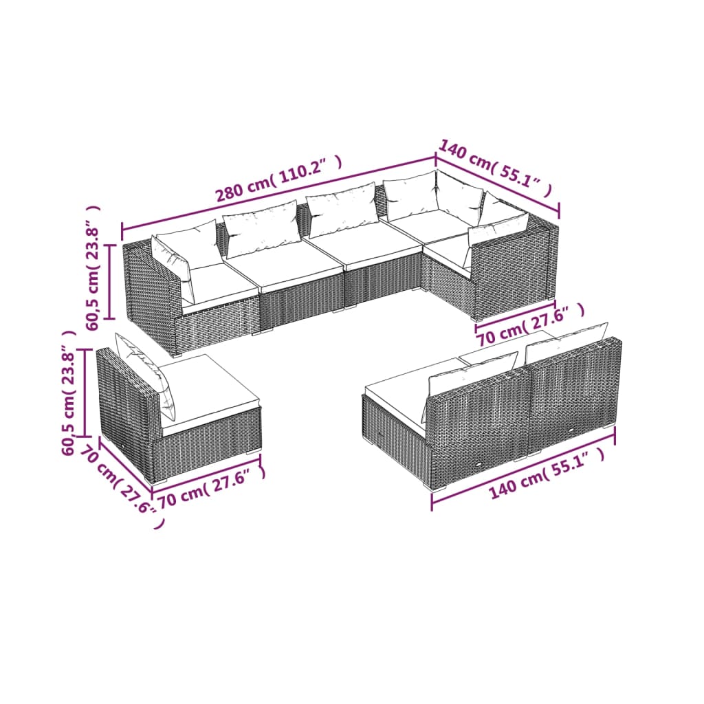 Set Mobili da Giardino con Cuscini 8 pz in Polyrattan Nero