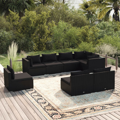 Set Mobili da Giardino con Cuscini 8 pz in Polyrattan Nero