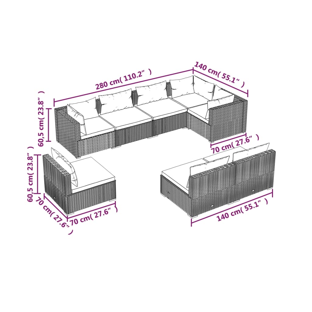 Set Mobili da Giardino con Cuscini 8 pz in Polyrattan Nero