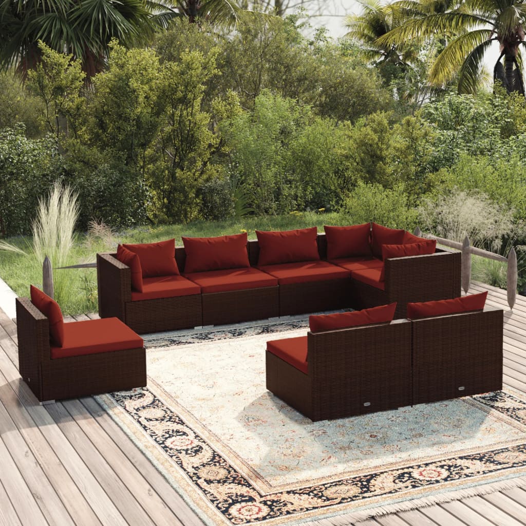 Set Divani da Giardino 8 pz con Cuscini in Polyrattan Marrone
