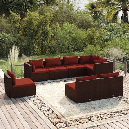 Set Divani da Giardino 8 pz con Cuscini in Polyrattan Marrone
