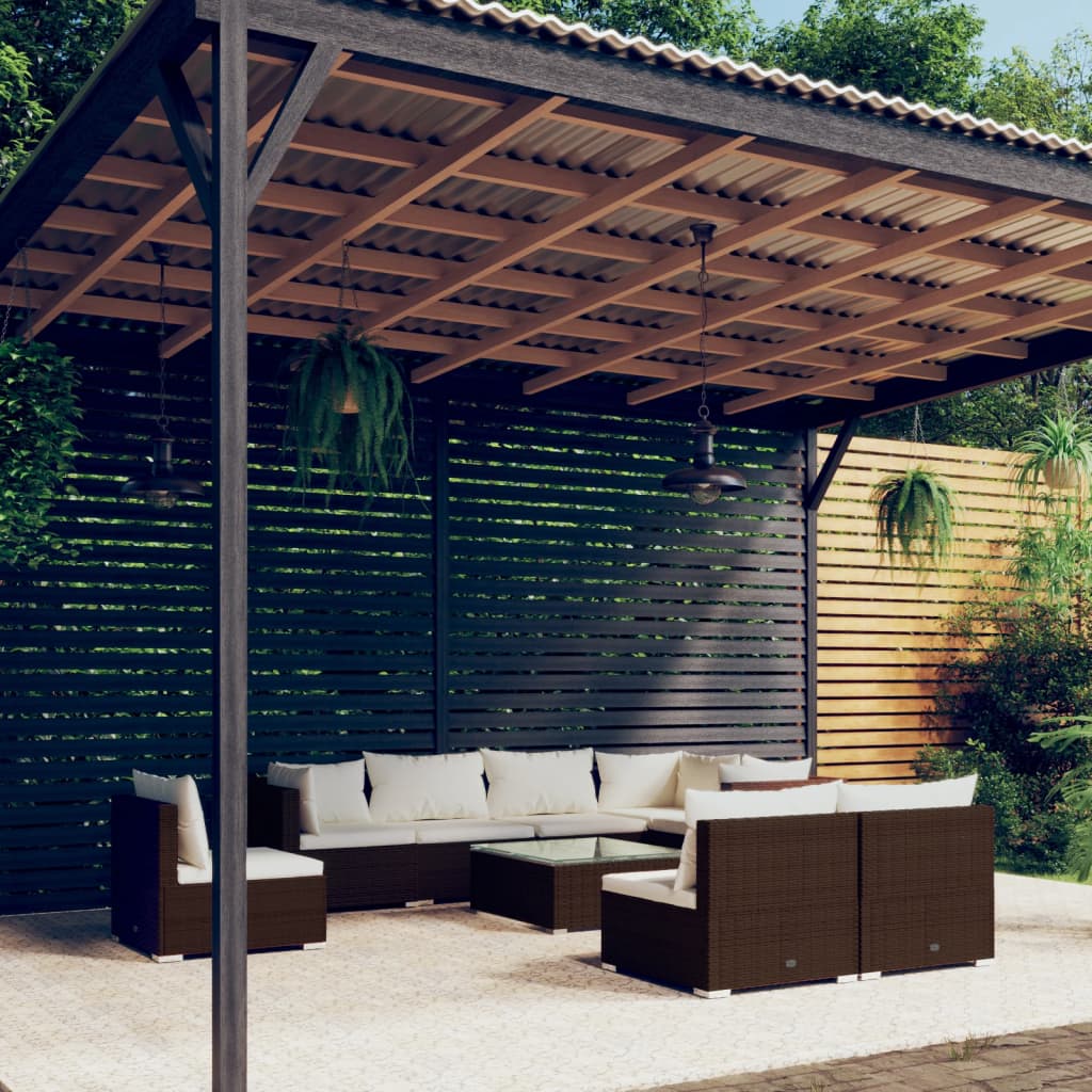 Set Divani da Giardino 9 pz con Cuscini in Polyrattan Marrone