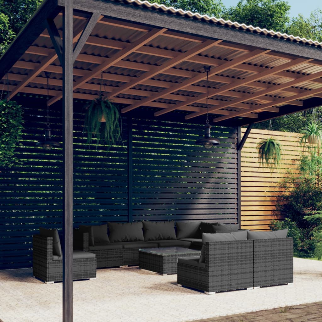 Set Divani da Giardino 9 pz con Cuscini in Polyrattan Grigio