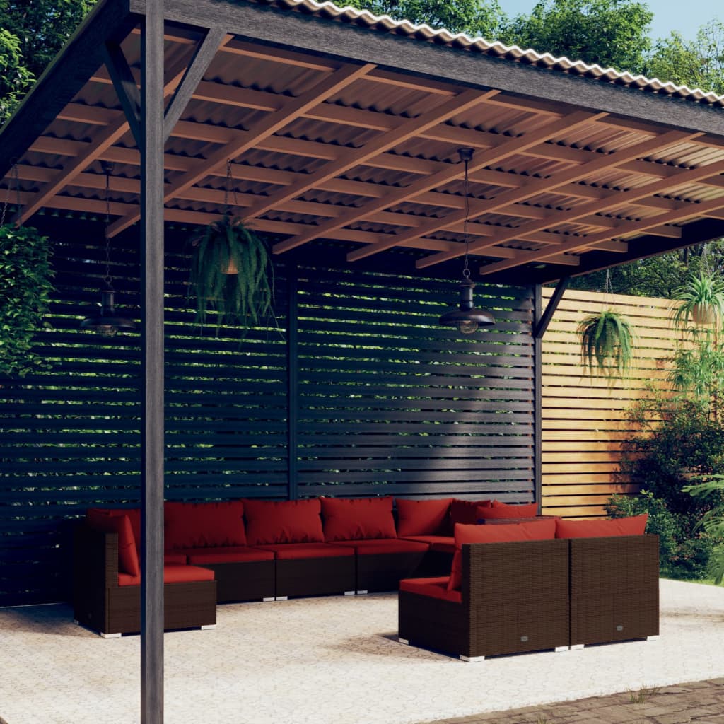 Set Divani da Giardino 9 pz con Cuscini in Polyrattan Marrone