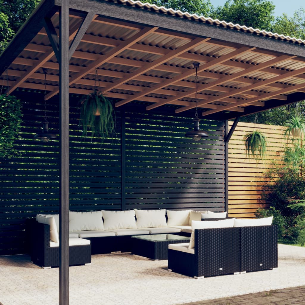 Set Divani da Giardino 10 pz con Cuscini in Polyrattan Nero