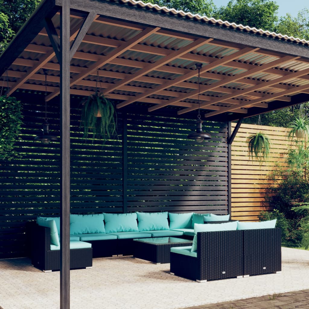 Set Divani da Giardino 10 pz con Cuscini in Polyrattan Nero