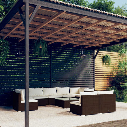 Set Divani da Giardino 10 pz con Cuscini in Polyrattan Marrone