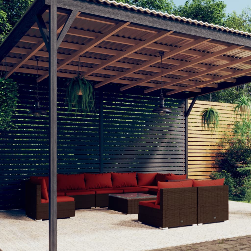 Set Divani da Giardino 10 pz con Cuscini in Polyrattan Marrone